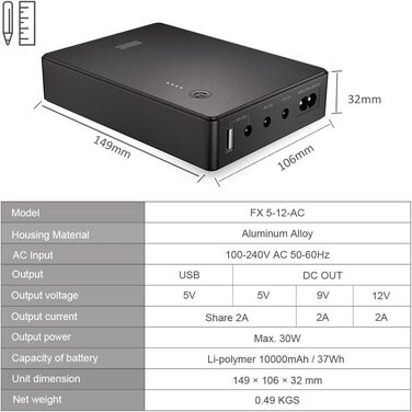 Mini UPS для роутера, модема, камери: безперебійне живлення 37Wh, USB 5V/9V/12V, AC-DC