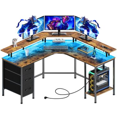 Ігровий кутовий стіл Seventable L-подібної форми з LED підсвіткою та розетками, 3 висувні ящики, стіл для дому та геймінгу, 135x135x88 см (Вінтажний коричневий)