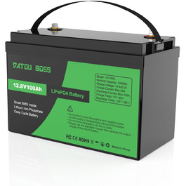 Акумулятор DATOUBOSS 12V 100Ah LiFePO4, 100A BMS, 8000 циклів, глибокий цикл, для автофургону, сонячна батарея, човен