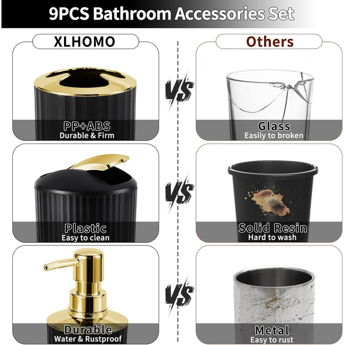 Набір аксесуарів для ванної кімнати 9 шт. Чорний та золотий: відро, органайзер для косметики, дозатор мила, мильниця, тримач для зубних щіток, стаканчик для щіток, WC-щітка, контейнер для ватних паличок