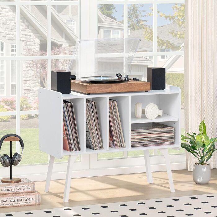 Підставка для програвача LELELINKY з 4 полицями для 220 альбомів, міцна дерев'яна конструкція, стіл Mid-Century, біла полиця для зберігання вінілу