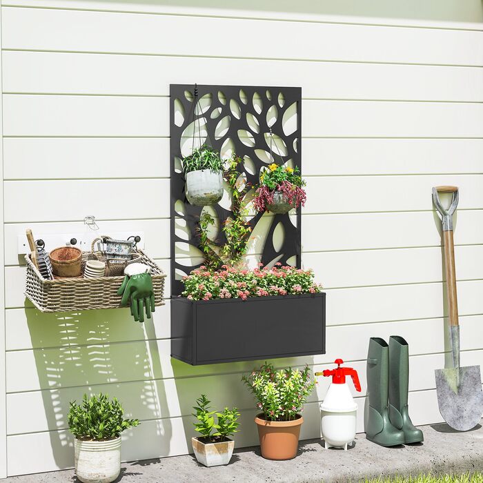 Підвищене грядка з металу з опорою для ліан, для кріплення до стіни або вільного розміщення, ящик для вирощування рослин з екраном приватності.