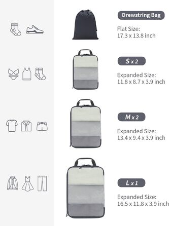 Набір органайзерів для валізи ECOHUB (6 шт), компресійні дорожні сумки-кубики з переробленої сітчастої тканини для рюкзака та ручної поклажі, сірий колір