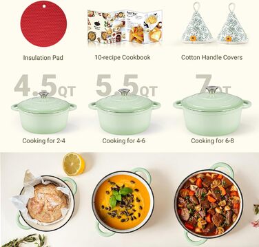 Чавунна казан-каструля Overmont з емалевим покриттям 26см, 5.2л, Bean Green — універсальний горщик для тушкування та запікання з кришкою та кулінарною книгою