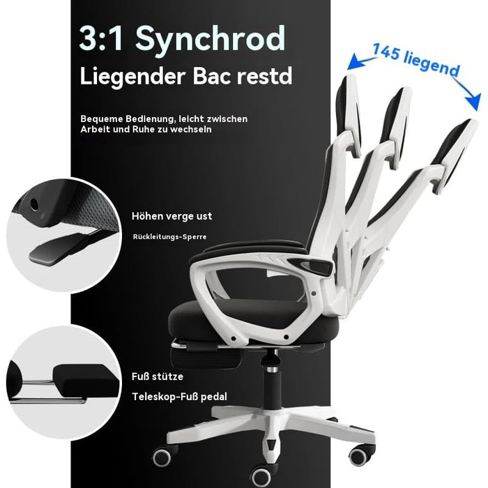 Ергономічне крісло для офісу з високою спинкою та регульованою поперековою підтримкою, дихаючий сітчастий ігровий стілець з широким сидінням, підніжка, стабільне комп'ютерне крісло (Білий)