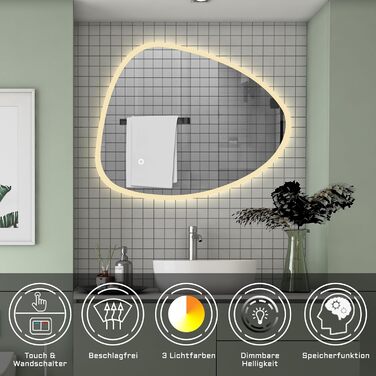 Дзеркало для ванної кімнати Aica LED кругле 50 см, холодний/нейтральний/теплий білий, диммування, функція пам'яті, вимикач/сенсорний вимикач, запобігання запотіванню, автоматичне вимкнення (65 x 80 см)