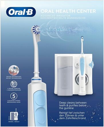 Іригатор Oral-B Oral Health Center з 2 насадками, для очищення міжзубного простору, з Oxyjet-технологією, 5 рівнів тиску, білий/блакитний