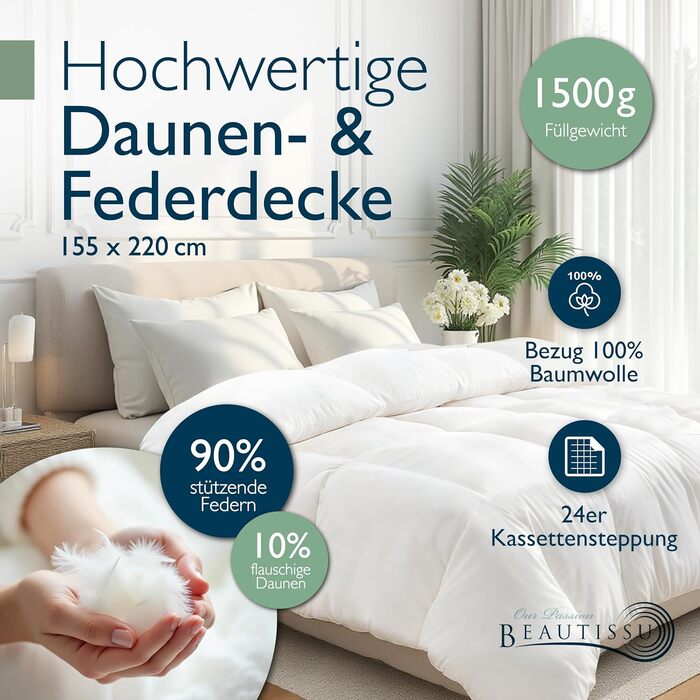 Пухова ковдра Beautissu для будь-якої пори року з 100% пуху та пера – Made in Germany – сертифікація Oeko-Tex, Downpass & Nomite – 100% бавовняний чохол. Можливість прання. Розмір 135x200 см (155x220 см)