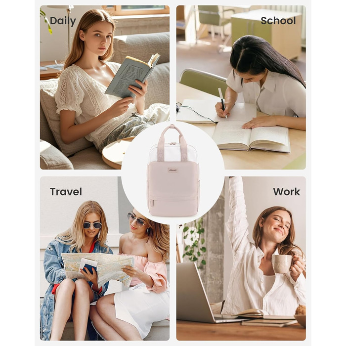 Сумка-рюкзак LOVEVOOK для жінок, 15.6 дюймів, для ноутбука, шкільна сумка для підлітків, дівчаток, елегантний туристичний рюкзак, сумка для роботи, повсякденна сумка, водонепроникна, для подорожей, навчання, роботи (15.6 дюймів, Бежево-рожевий)