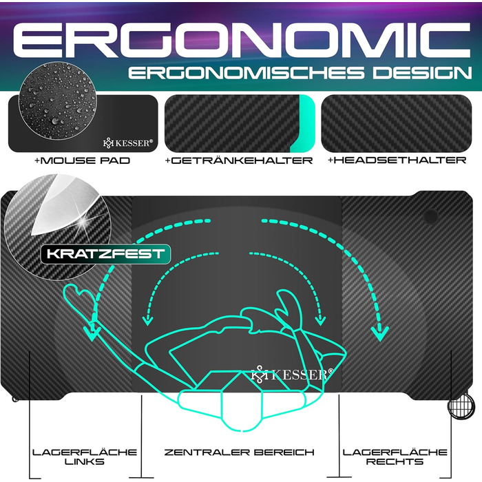 Ігровий стіл KESSER 160см х 60см Z-подібна форма Гачки для навушників і карбонове покриття Підстаканник чорний
