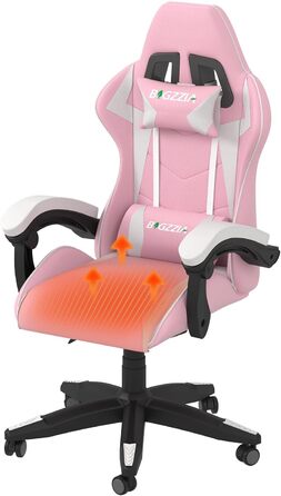 Ігровий крісло Bigzzia Ergonomic з підігрівом, рожево-білий, для геймерів, комп'ютерне, з підголівником та підлокітниками