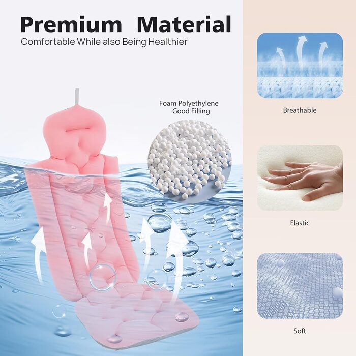 М'який килимок для ванни 113x40 см з подушкою для тіла, ергономічна підставка для голови, спини та шиї (синій/рожевий)