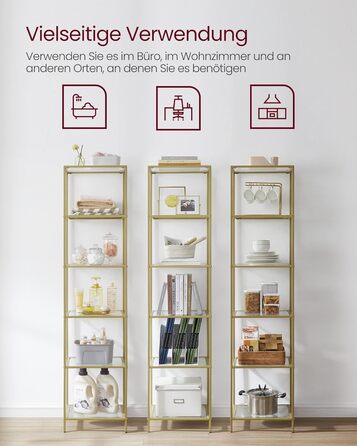 Регал VASAGLE з 5 полицями, скляна вітрина для ванної, вітальні, кухні, офісу, прозора + металік золото, легка збірка, LGT029A01