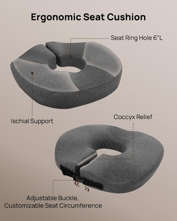 Ортопедична подушка-кільце Feagar: регульований ергономічний сидінець-пончик від геморою та ішіасу, для копчика, післяпологовий (Сірий, стандарт 60-100 кг) для авто, офісного крісла та візків