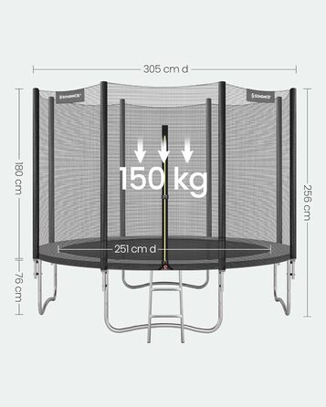 Батут SONGMICS вуличний Ø305 см з захисною сіткою, драбиною та м'якими стійками, чорний