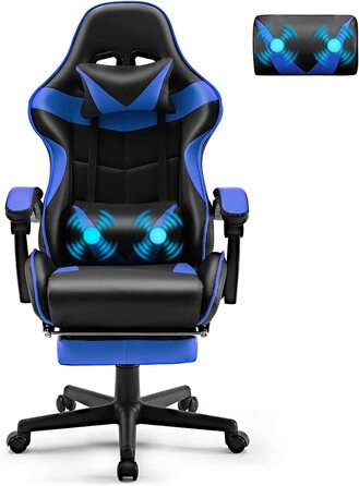 Ігрове крісло Soontrans, масажне ігрове крісло з підставкою для ніг, ергономічне ігрове крісло з підголівником, масажна подушка для попереку, м'яке ігрове крісло, ігрове крісло для геймерів YouTube пряма трансляція (синій) синій з масажем