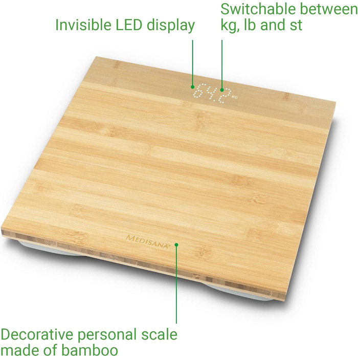 Цифрові ваги для ванної medisana PS 440 з бамбука до 180 кг, ваги для ванної кімнати з автоматичним відключенням і невидимим LED-дисплеєм