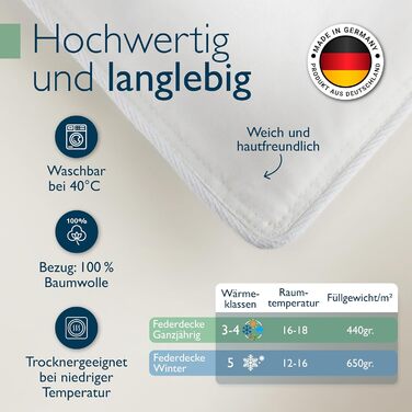 Пухова ковдра Beautissu 135x200 см, сезонна, з 100% пуху та пера, Made in Germany, сертифікація Oeko-Tex, Downpass, Nomite, бавовняний чохол, пральна машина, GF 135x200