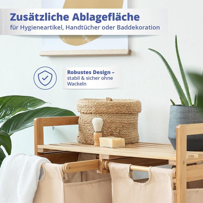 Кошик для білизни Lumaland з бамбука з 2 висувними мішками для білизни | Легкий у догляді, стійкий до вологи, легко очищується | Висота 73 см x 64 см (ширина) x 33 см (глибина) [Бежевий] 2 відділення для білизни, 2 мішки для білизни | Бежевий