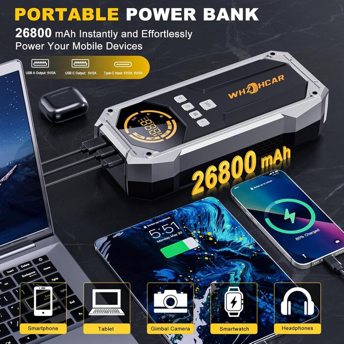 Портативний пусковий пристрій Starthilfe Powerbank 6000A з компресором, ліхтарем Lumen та LCD-дисплеєм. Чорний