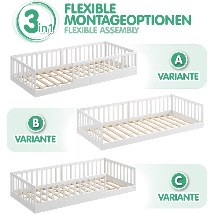 Ліжко дитяче CADANI Timi 2в1 Montessori 120x200 см з бортиками та ламелями, масив сосни, біле - 3 варіанти збірки, до 200 кг