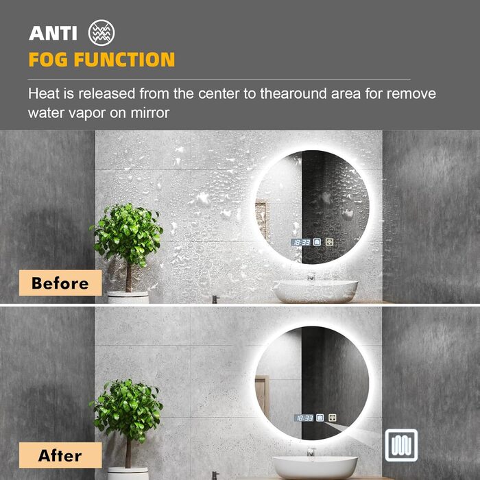 Дзеркало для ванної кімнати Sararoom з підсвічуванням, кругле LED дзеркало 600 мм, з підсвічуванням, 3 кольори світла, регулювання яскравості, запобігання запотіванню, кругле скло, функція пам'яті, 600 x 600 мм