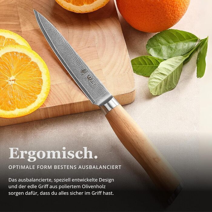 Ніж кухарський Wakoli з дамаської сталі (серцевина VG10), 20 см – гострий та збалансований – ніж з ручкою з оливкового дерева в подарунковій коробці – кухонний ніж Damask для професіоналів та любителів (універсальний)