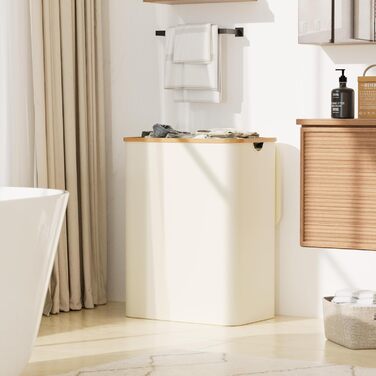 Кошик для білизни Youdenova з кришкою, великий, 160л, бамбук та дерево, сортувальник для білизни, білий