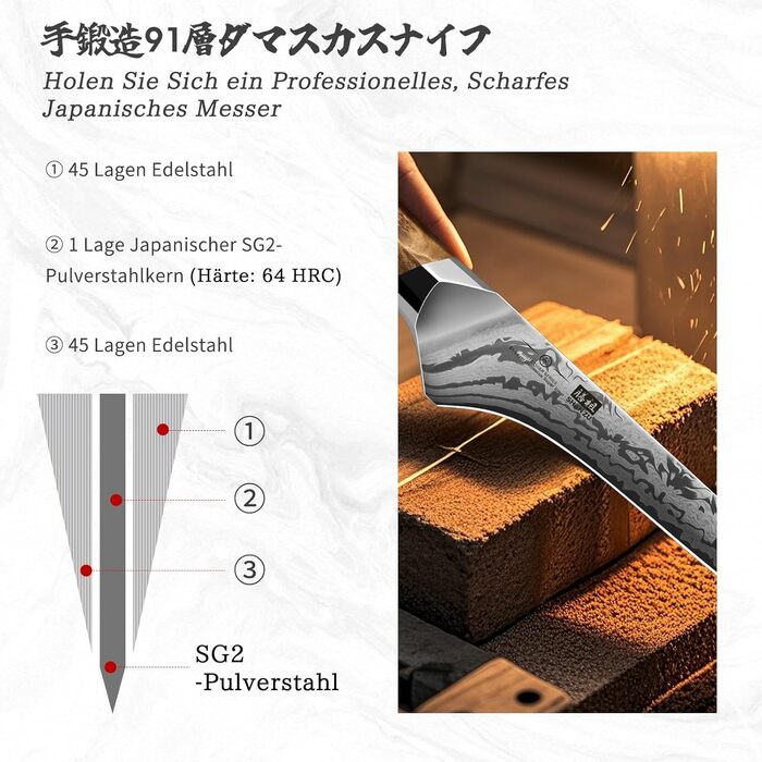 Набір кухонних ножів SHAN ZU Damast: професійний кухонний ніж шеф-кухаря 20 см, ніж для обробки овочів 18 см, з ручкою з акації, серія WHITE TIGER