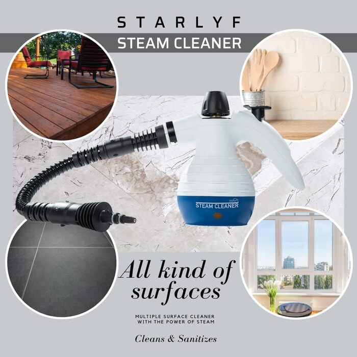 Пароочисник для всього Starlyf Steam Cleaner, пароочисник для дому, 1050 Вт, ємність 350 мл, глибоке очищення, кілька аксесуарів, видаляє плями, килими, сидіння автомобіля, кухня, ванна кімната