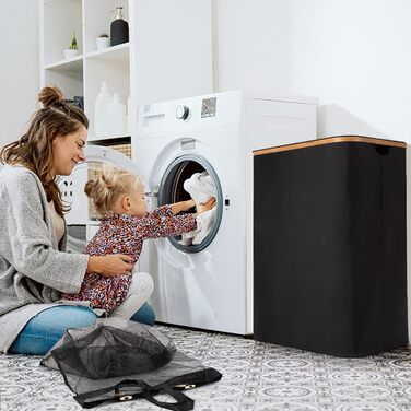 Кошик для білизни Rieeyrslza з кришкою 158 л з бамбука з 2 знімними мішками для білизни, Oxford, складний, для сортування, багатофункціональний, для ковдр та одягу (сірий) (чорний 145л)