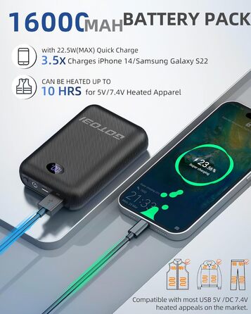 Акумулятор GOTOBI 16000 мАг для жилета з підігрівом - Power Bank 7.4V/5V зі світлодіодним дисплеєм, вихід DC/USB/Type-C