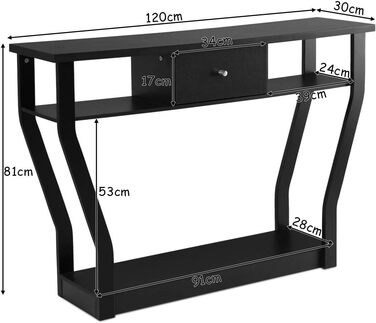 Консольний столик GIANTEX вузький, тумба з ящиком і полицею, 120x30x81 см, чорний