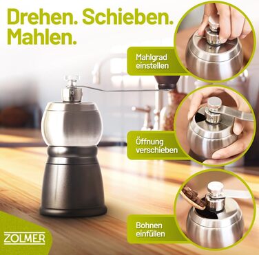 Ручна кавомолка Manuell з нержавіючою сталею, регульовані ступені помелу для еспресо, фільтр-кави та моки – компактна та міцна
