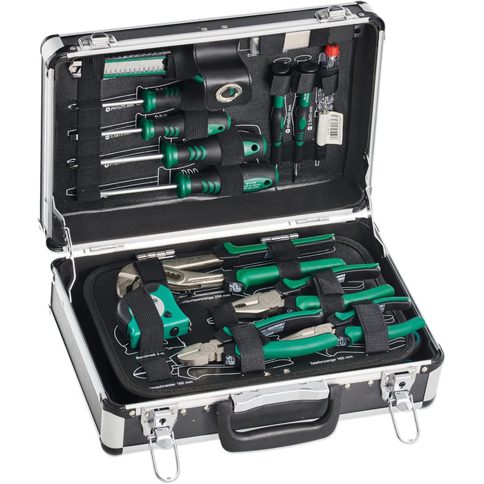 Набір інструментів Brüder Mannesmann 90 предметів в алюмінієвому кейсі M29067: плоскогубці, викрутки, тріскачка, тестер напруги