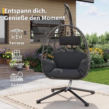 Підвісне крісло-гойдалка з металевим каркасом, ротанг, 150 кг, для саду, тераси, балкону, сіре