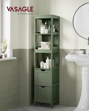 Шафа для ванної кімнати VASAGLE з 2 висувними ящиками та відкритими полицями, 30 x 30 x 141,5 см, колір: ліс зелений
