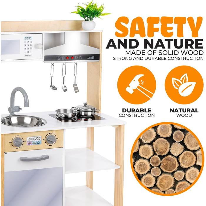Дерев'яна дитяча кухня Kinderplay з LED та звуками приготування їжі, регульована висота 92–107 см, ігровий набір для дітей від 3 років, повний комплект з аксесуарами, світло-сірий колір (Modern - Weiß)