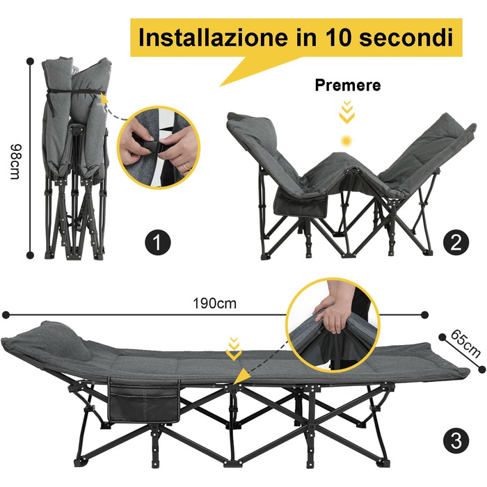 Кемпінгове ліжко для дорослих, з подушками та подушками, портативне розкладне ліжко для сну, легке ліжко-намет із сумкою для перенесення для дітей, з можливістю завантаження до 200 кг Сірий