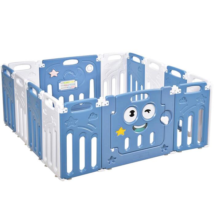 Дитячий манеж COSTWAY з дверима та іграшковою дошкою, пластиковий манеж, бар'єр, повзучі ворота, захисні ворота для дітей від 3 місяців до 6 років (синій, 14 панелей)