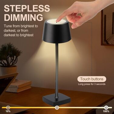 LED настільна лампа Seihoae бездротова, 6000mAh, IP54, алюміній, сенсорне керування, тепле світло, для спальні, кав'ярні, ресторану, чорна