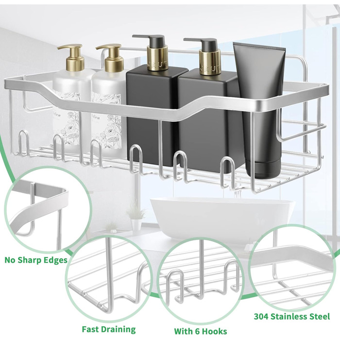 Душова полиця без свердління, 5 шт. органайзер для ванної кімнати, сріблясто-сірий SUS304 нержавіюча сталь, душовий кошик Кронштейн для шампуню