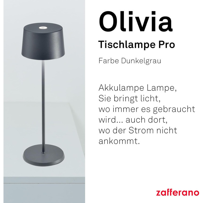 Zafferano Olivia Pro: Переносний LED-столик з торшером, сенсорне керування, регулювання яскравості, 2200-3000K, 35 см, темно-сірий