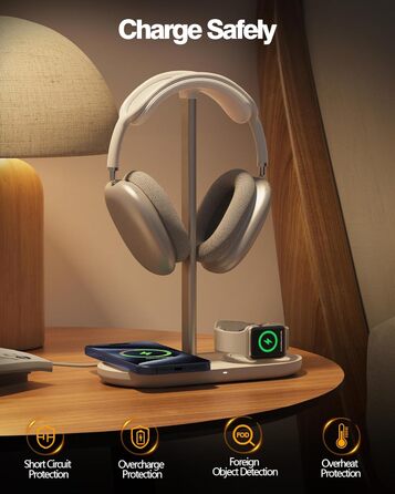 Підставка для навушників HiWe 3-в-1 з бездротовим зарядним пристроєм для телефону/AirPods/iWatch. Алюмінієва стійка, шкіряний підклад, ABS-основа, білий колір.