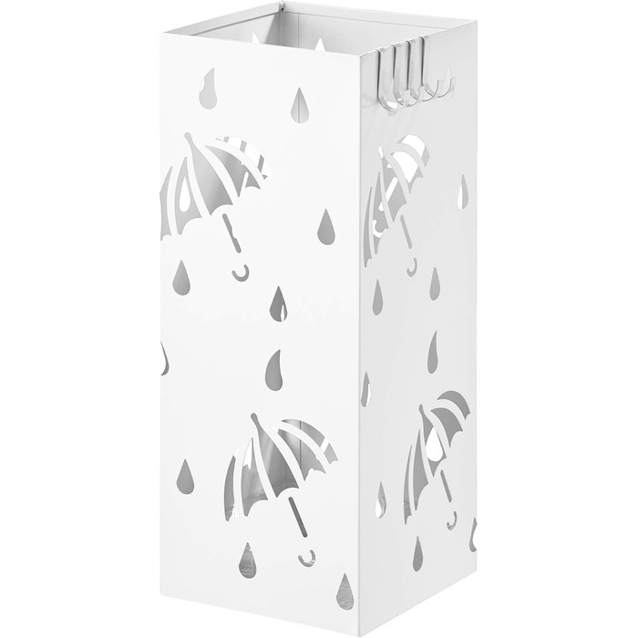 Залізна підставка для парасольок, L20 x W20 x H49см, підставка для парасольок з піддоном для крапель води, 4 гачки для кишенькових парасольок, прямокутник SST02an (Білий)
