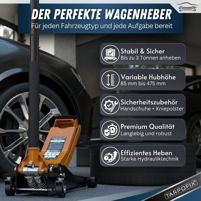 Гідравлічний домкрат Tarpofix® для автомобілів (3т, 85-475мм), низькопрофільний, помаранчевий - Преміум якість
