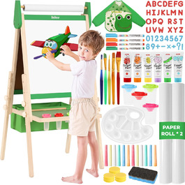 Дитяча мольберт All-in-One з 2 рулонами паперу, аксесуарами, регульована магнітна двостороння дошка для малювання з крейдою та магнітами, дошка для дітей 2-8 років, зелений
