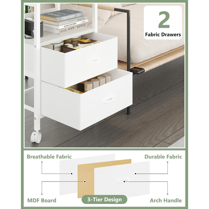 Нічний столик з ящиками та зарядкою, 2 розетки AC та 2 USB, з роликами, білий