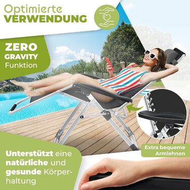 Розкішна шезлонг KESSER® для саду: складаний, стійкий до погодних умов, витримує 200 кг, з ергономічною подушкою, регульованою спинкою, підголівником та тримачем для напоїв (антрацит)