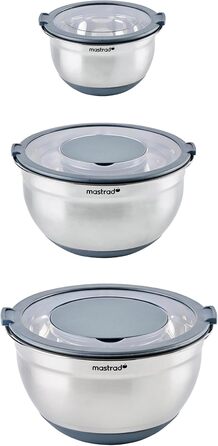 Набір міксерів Mastrad з нержавіючої сталі (3 шт.): 1,5L / 3L / 5L - салатниці з прозорим кришкою та ручками, для змішування, випічки, приготування та зберігання продуктів, придатні для миття в посудомийній машині